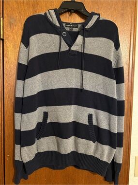 AEROPOSTALE Men's Hooded Stripe Sweater - Navy & Gray